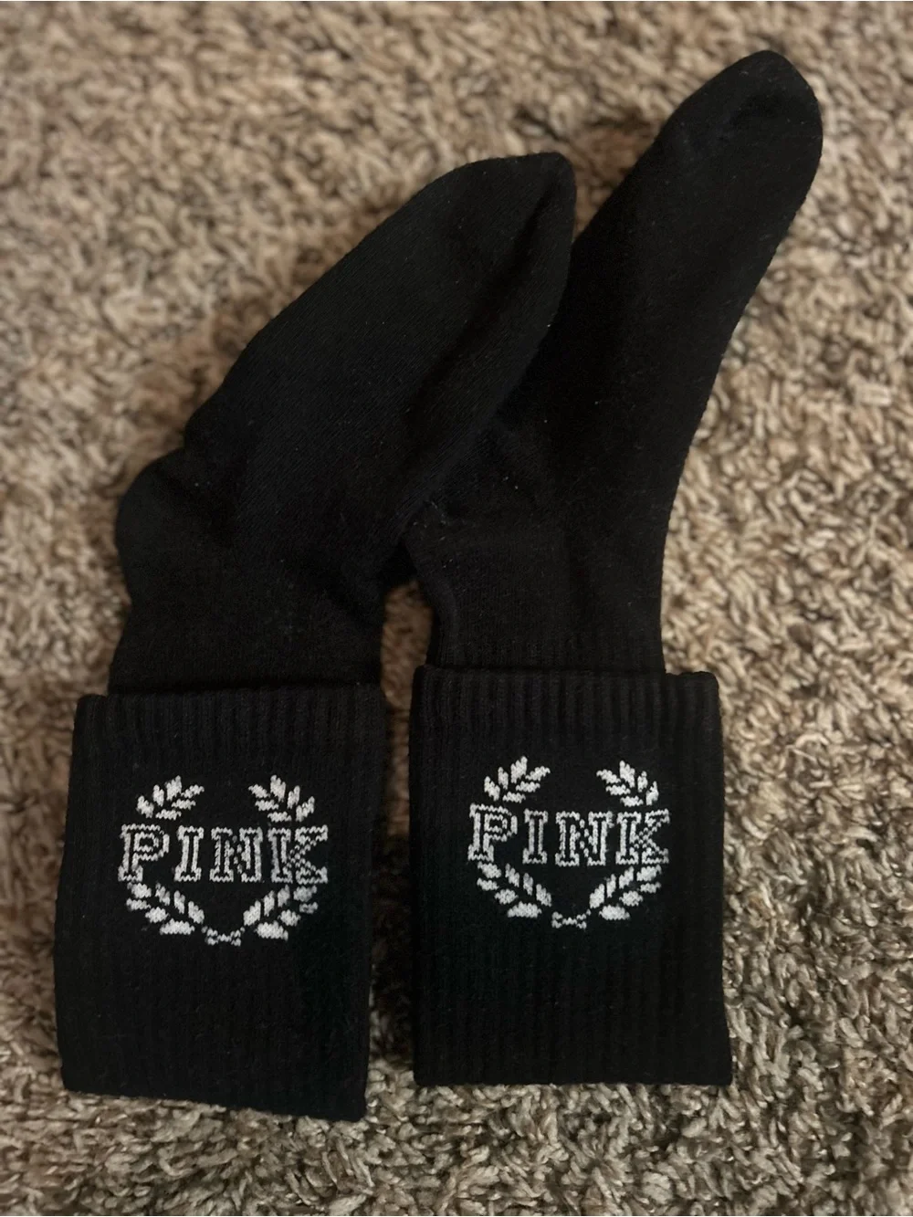 PINK Victoria's Secret Black Crew Socks with White Wreath Logo